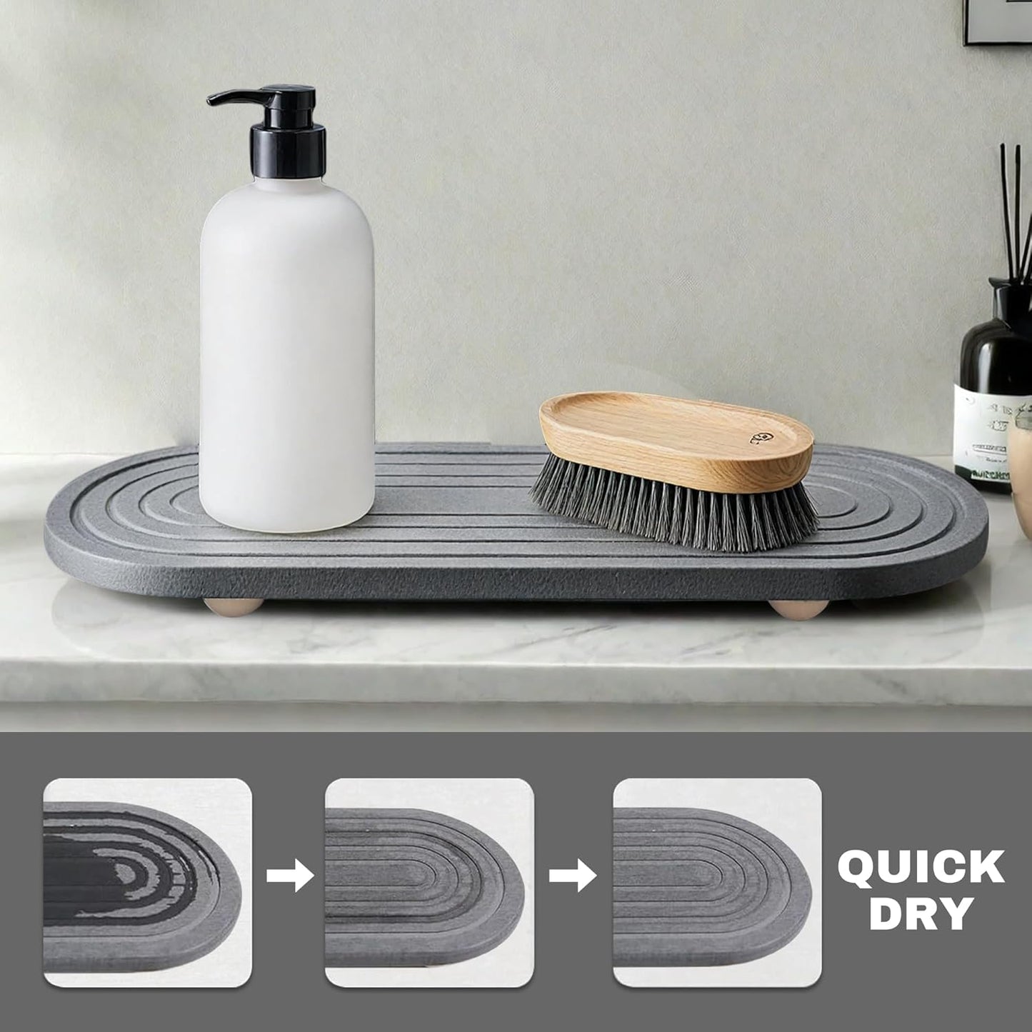 Instant Dry Sink Caddy Organizer, Fast Drying Sink Caddy, Water Absorbing Stone Sponge Holder for Kitchen and Bathroom Countertop with Natural Loofah and Wooden Feet