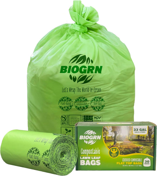 30-33 Gallon Compostable Trash Bags Flat-Top 30 Bags Heavy Duty1.57 Mil, 124.92 Liter Large Lawn and Yard Waste Bag green for Outdoor Garden ASTM D6400, US BPI and OK Compost Home Certified