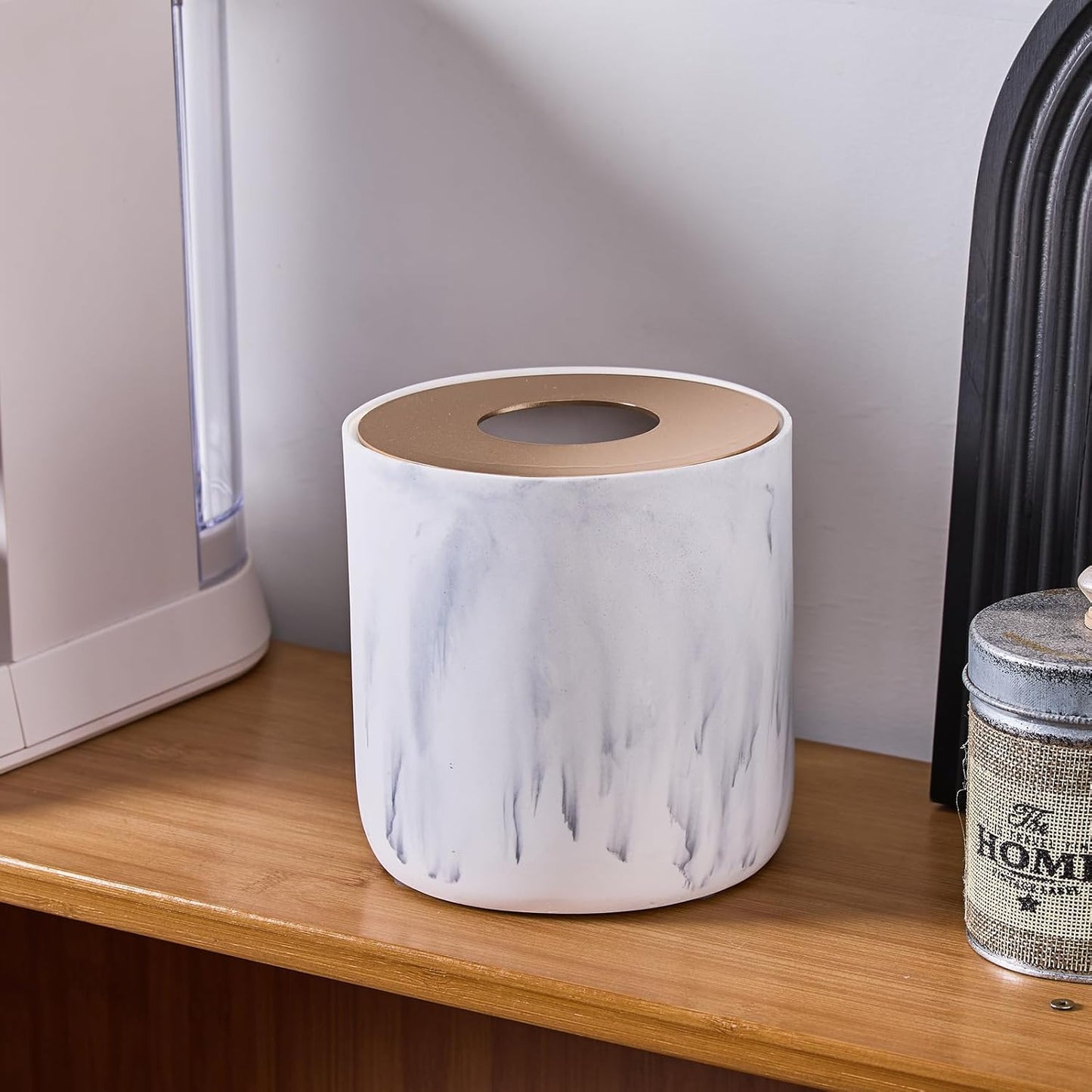 White Marble Textural Mini Trash Can with Rose Gold Stainless Steel Lid, Small Countertop Trash Can for Bathroom Kitchen,Desk Trash Can,Table top Mini Garbage Cans,Resin Tiny Waste Basket for Vanity