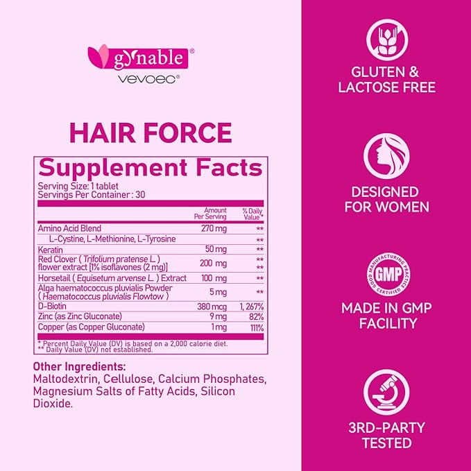Hair Growth Supplement for Women,DHT Blocker with Biotin Amino Acid Blend,Red Clover,Female Hormone Balance for Hair Growth,Gluten-Free,Lactose-Free,1 Per Day, 30 Tablets, 1 Month Supply