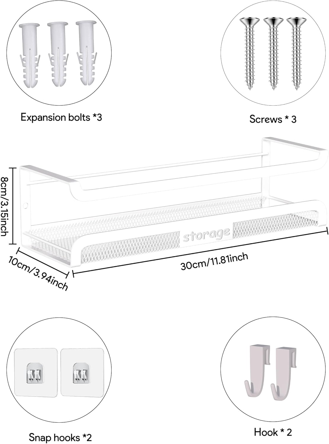 Spice Rack Wall Mount with Hooks - Spice Racks Organizer for Cabinet Storage, Wall Mounted Hanging Shelf Seasoning Organizer, for Kitchen, Pantry Door, Bathroom (White, 1 Pack)