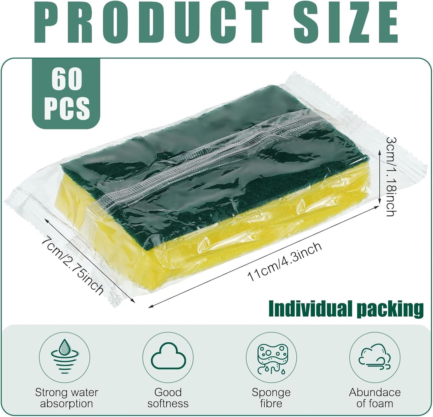 Tanlade 60 Pcs Individually Wrapped Sponge Dishwashing Sponge Bulk Non Scratch Scrub Sponges Kitchen Scouring Pad for Household Cleaning Rental Dishes Hotel Apartment Car (Yellow,Green)