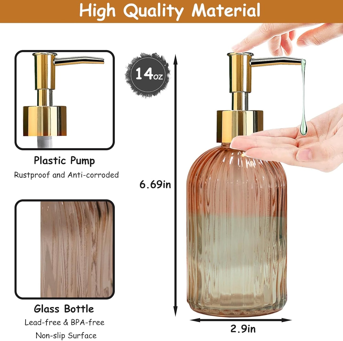 Glass Soap Dispenser with Gold Plastic Pump, 13.5oz Refillable Liquid Hand Soap Dispenser, Crystal Lotion Bottle for Modern Home Decor, Bathroom, Kitchen Countertop, Hotel(Orange)