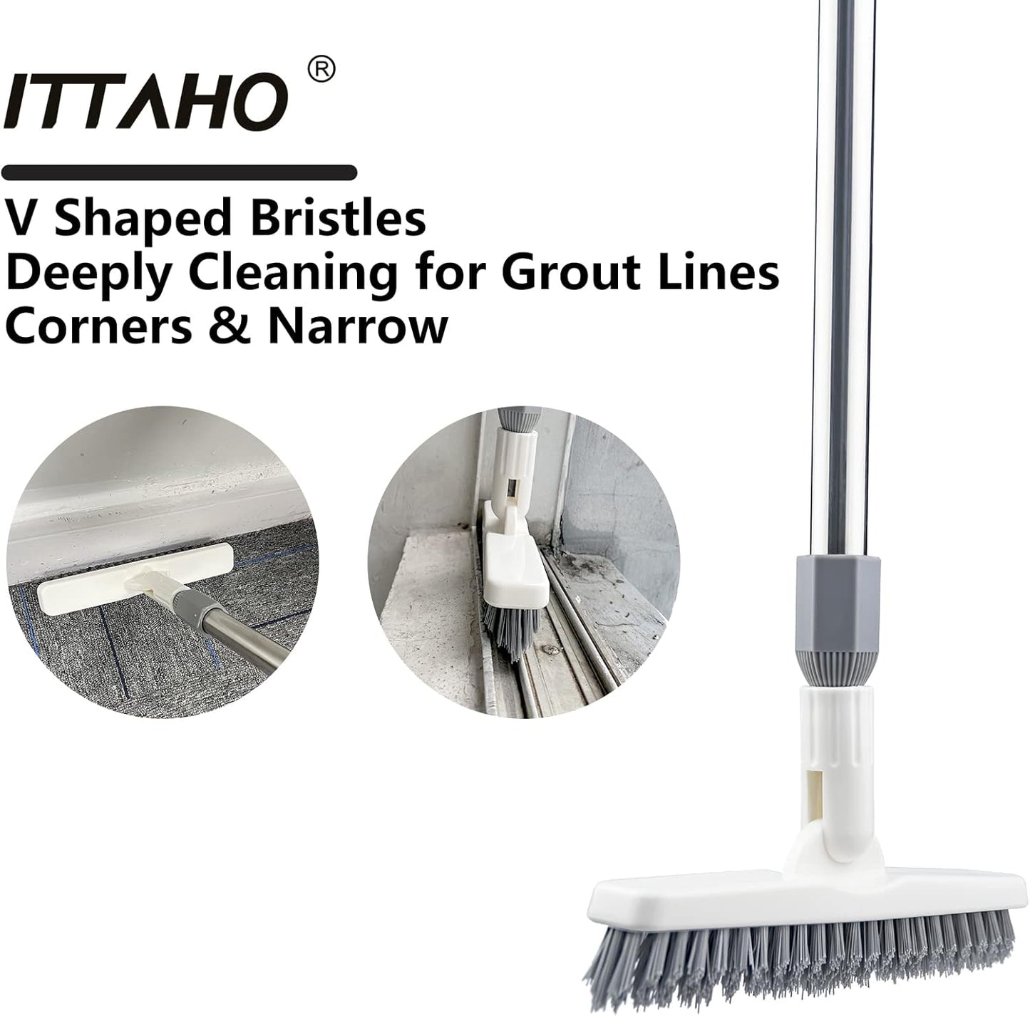 ITTAHO 2 Pack Grout Cleaning Brush with Long Handle, Swivel V-Shape Grout Scrub Brush, Extendable Handle for Tile Floors, Bathroom, Shower, Corner