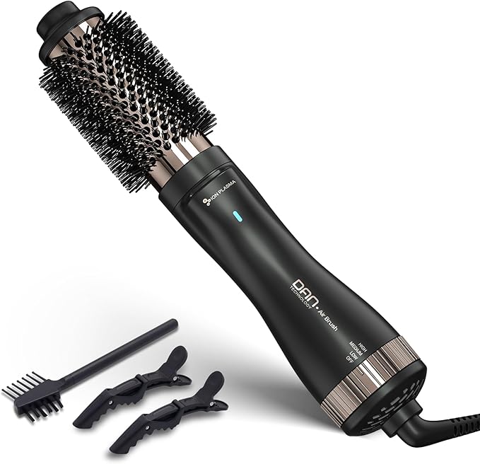 Dan Technology Blow Dryer Brush 1.5 Inch Round Blowout Brush 4-in-1 Hot Air Hair Dryer Brush & Styler, Comb, Straightener & Curler with Titanium & Ionic (Black-Rose Gold)