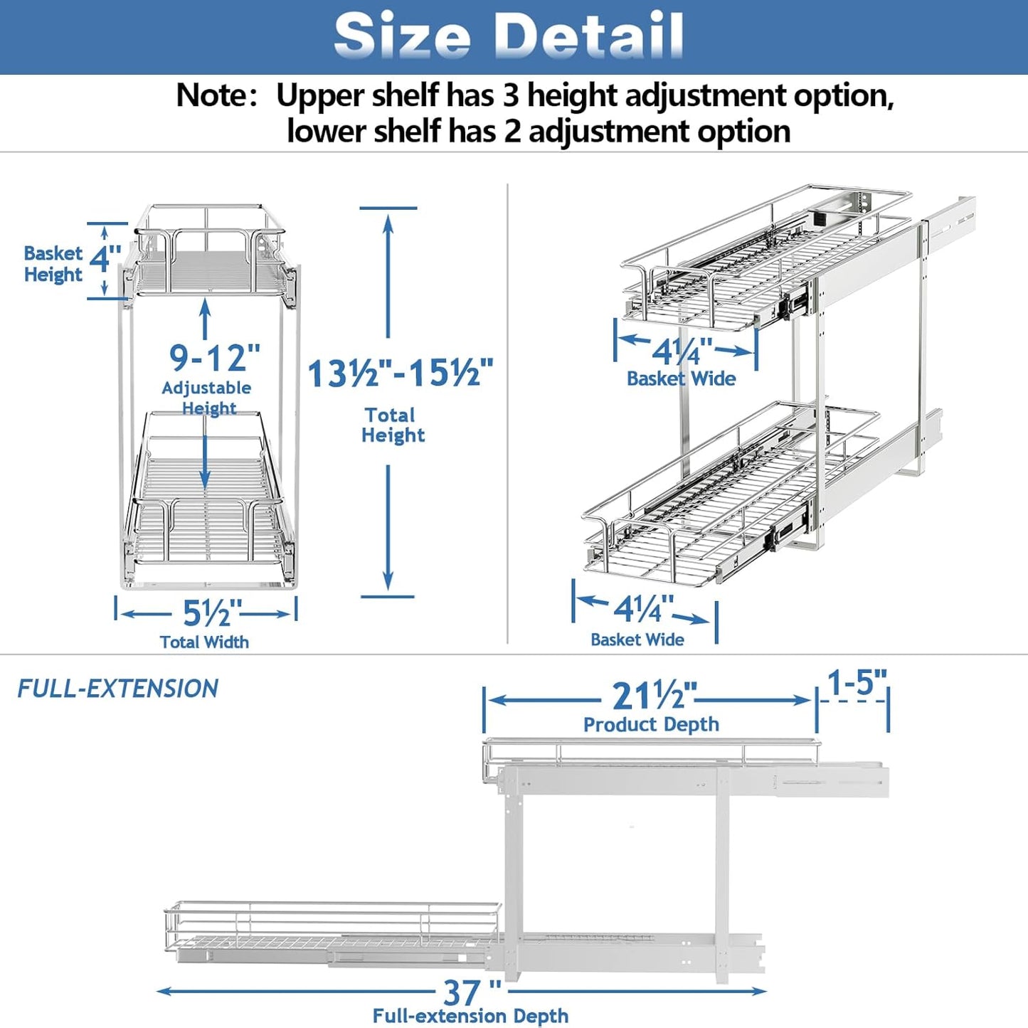 LOVMOR 2 Tier 5½" W x 21½" D, Individual Pull Organizer Kitchen Cabinet Storage Sliding Shelves