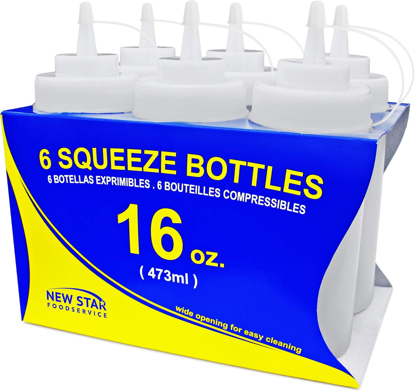 New Star Foodservice Squeeze Bottles, Plastic, Wide Mouth, 16 oz, Clear, Pack of 6