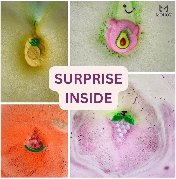 Bath Bombs for Teen Girls Boys– Fruit Shaped, Handmade Natural & Non-Toxic with Surprise Inside, Colorful Fun Bath Stuff for Kids Ages 3+