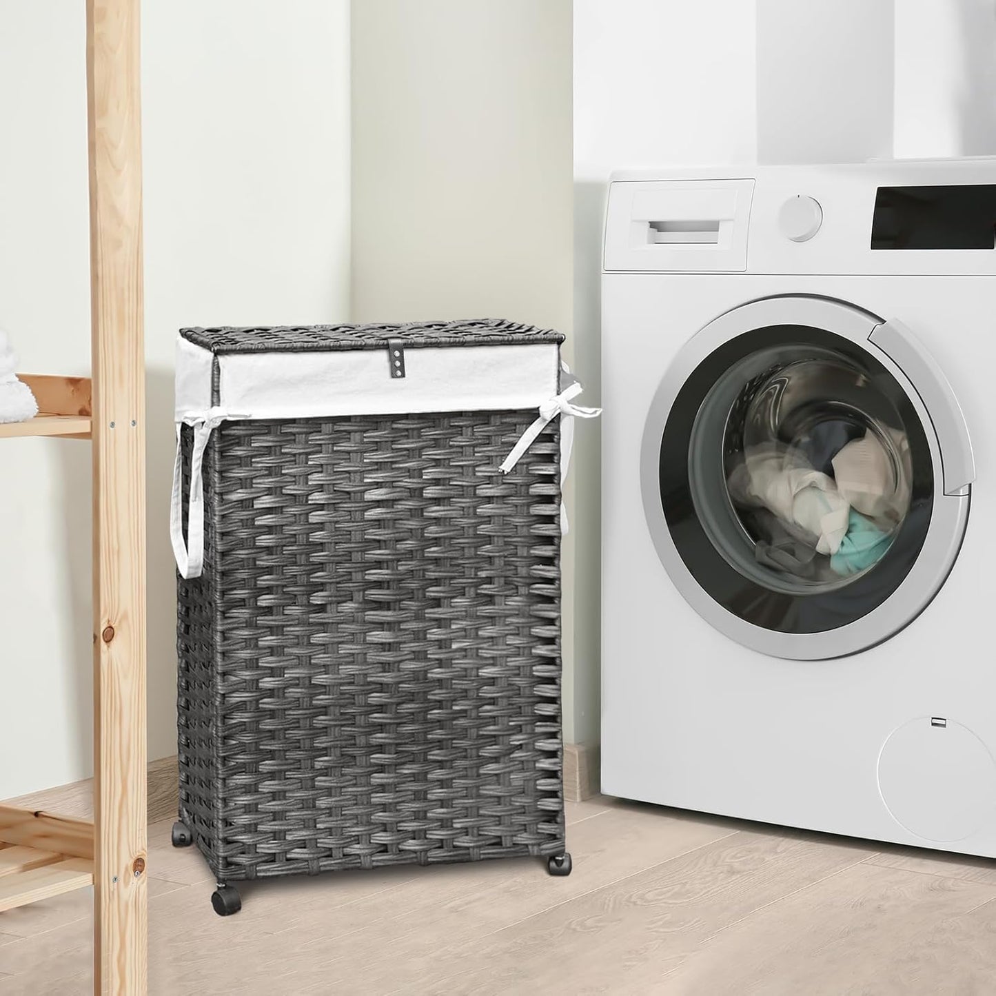70L Slim Laundry Hamper with Lid & Wheels, Rolling Laundry Basket with 2 Removable Liner Bags & 3 Mesh Bags, Narrow Dirty Clothes Basket, Foldable Handwoven Rattan Laundry Sorter, Grey