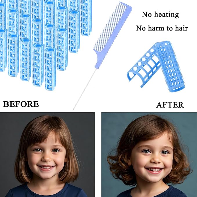 ZMD 28PCS Small Plastic Hair Curlers Rollers Set, 0.6In/1.5cm Snap on Rollers Self Grip Hair Curlers Heatless Rollers with Comb Hairdressing Curlers Tools for Short Thin Fine Hair (Blue)