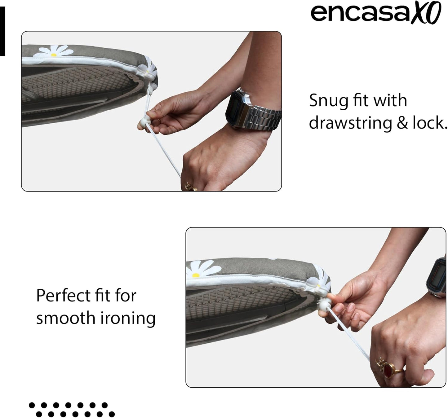Encasa XO Ironing Board Cover and Pad 49"x18" - Thick 3mm Felt Padding, Drawstring Tightening & Lock, Easy Fit, Scorch & Stain Resistant, Fits Wide Ironing Board - White Tiles