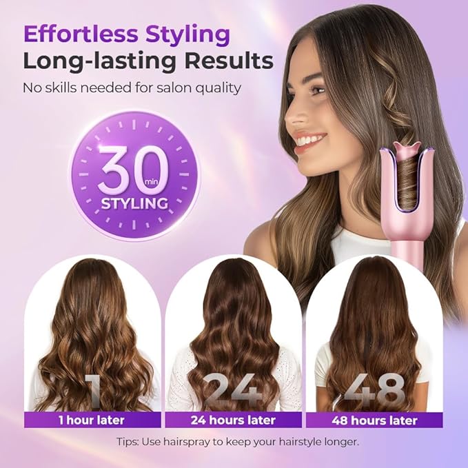 Automatic Curling Iron, Auto Hair Curler with 1" Rotating Curling Iron Barrel & 3 Temps, Anti-Scald & Anti-Tangle Curler Wand, Fast Heating Auto Curler for Hair Styling, Purple Pink