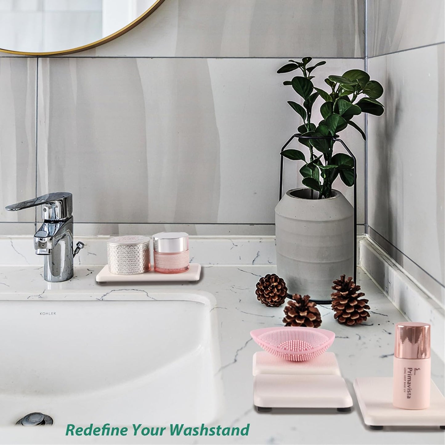 2 Pcs Water Absorbing Stone Trays, Kitchen/Bathroom Sink Soap Dish, Diatomite Tray Used for Hand Soap & Cosmetic Bottles in The Modern Home, 3.15" W x 6.3" L, White