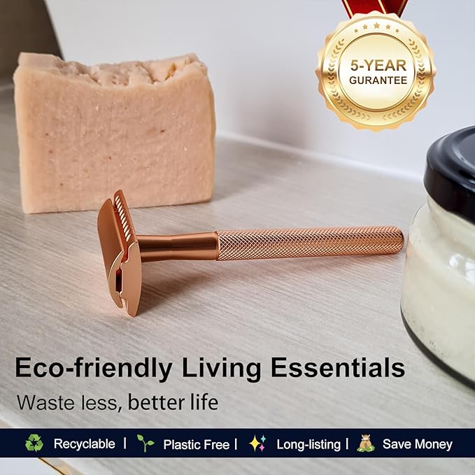 Safety Razor - Single Blade Razors for Women - Reusable Metal Razor, with 10 Double Edge Blades, Smooth Close Gentle Shave, Plastic Free, Rose Gold