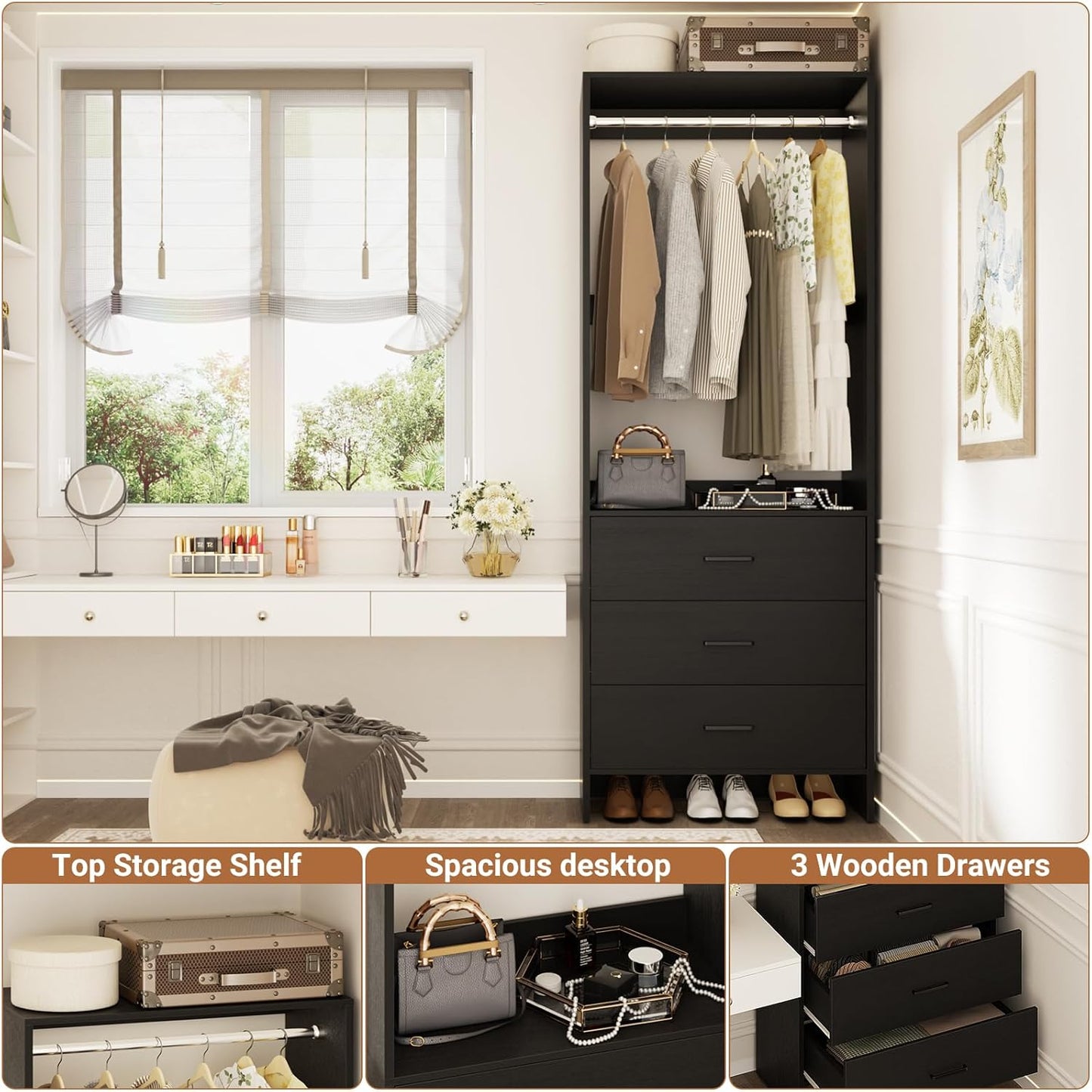 Aheaplus 2FT Closet System with 3 Drawers, 24’’ Closet Organizer, Wood Closet Organizer System, Walk-in Closet or Small Closets Wardrobe, Clothes Rack with Hanging Rods,-E7, Black