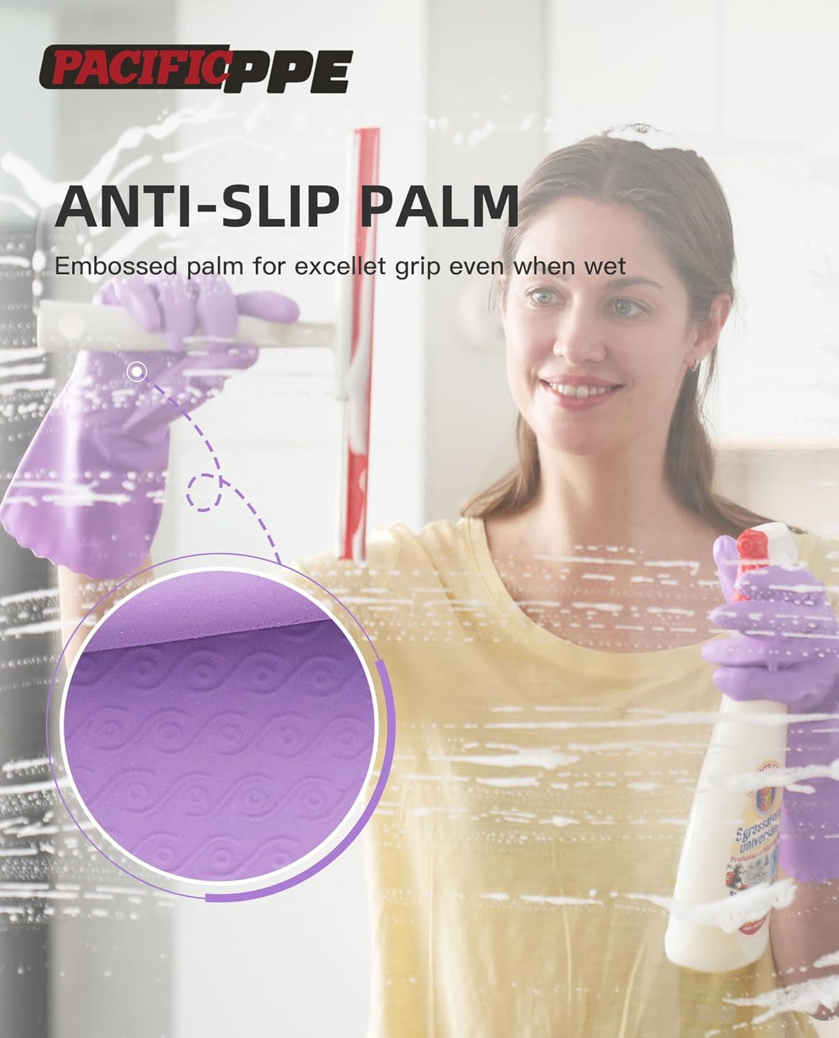 PACIFIC PPE 2 Pairs Reusable Dishwashing Cleaning Gloves with Latex Free, Cotton Lining, Kitchen Gloves, Purple, Large