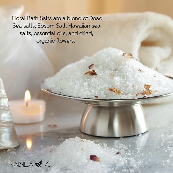 Organic Rose Bath Salts by Nabila K - Dead Sea Salt & Epsom Salt Scrub & Soak - Exfoliates & Hydrates Skin, Botanical Essential Oils - Bubble Bath Accessories for All Skins Types, 2 oz
