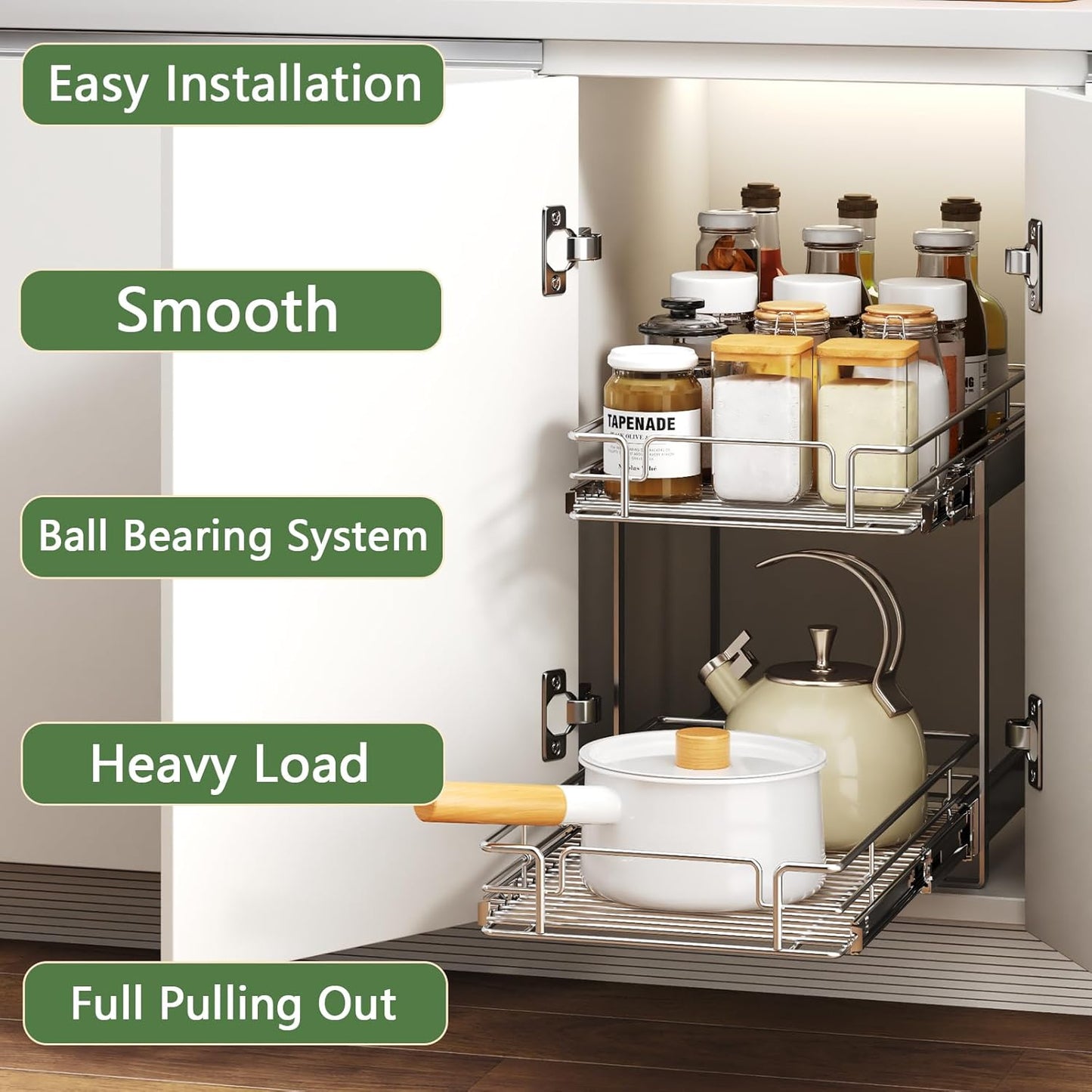 2 Tier Individual Pull Out Cabinet Organizer 13½" W x 18" D, Heavy Duty Cabinet Pull Out Shelves, Slide Out Drawers Organization for Kitchen Cabinets Bathroom