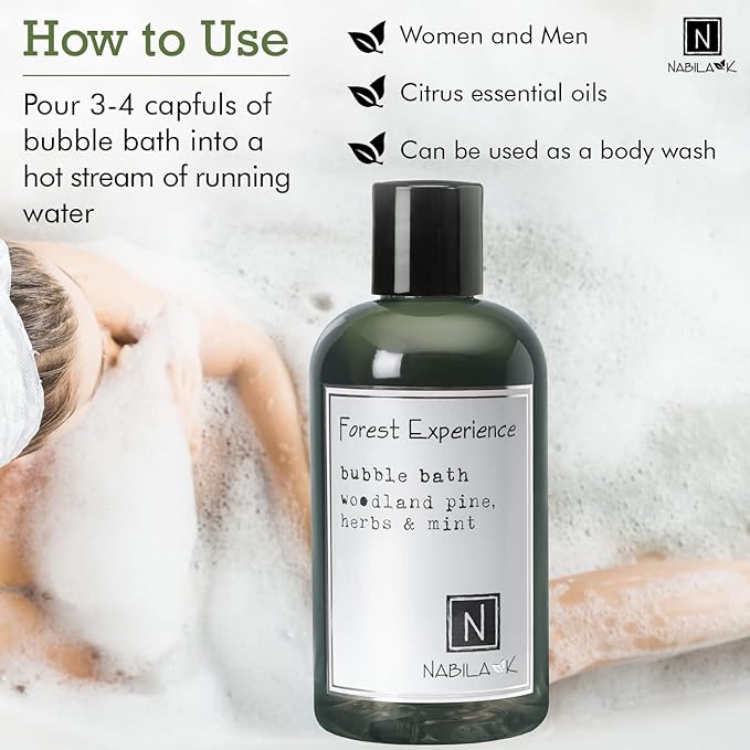 Forest Experience Travel Size Bubble Bath with Pine, Herbs & Mint Scent by Nabila K - Essential Oils, Natural Ingredients for Sensitive Skin, Gentle, Moisturizing - Luxury for Women & Men, 2 oz