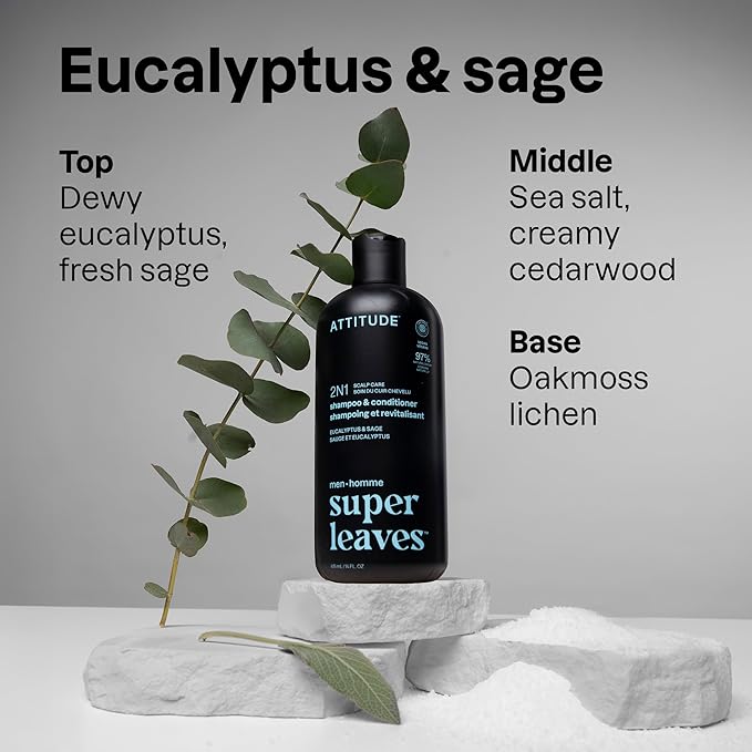 ATTITUDE Men's Shampoo and Conditioner 2-in-1, Scalp Care for Build Up & Oily Hair, Refresh With Peppermint & Willow Extract, 97% Natural Origin Ingredients, EWG Verified, Eucalyptus & Sage, 14 Fl Oz