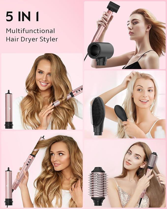 Brightup 5 in 1 High-Speed Hot Air Styler, 1400W Powerful 120000RPM Hair Dryer Brush, Negative Ions Thermal Brush, Cool Shot Button, Curler, Volumizer, Straighter, No Heat Damage, with Travel Bag