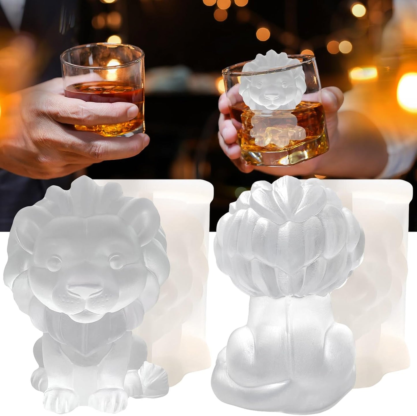 3D Lion Ice Cube Silicone Molds Tray for Whiskey, Cocktail, Drink Decor, Bar; Rich Details. Cute Lions Gifts for Women Kids Girls Boys, Fun Animal Shape Soap Epoxy Resign Mold; 2 Pack