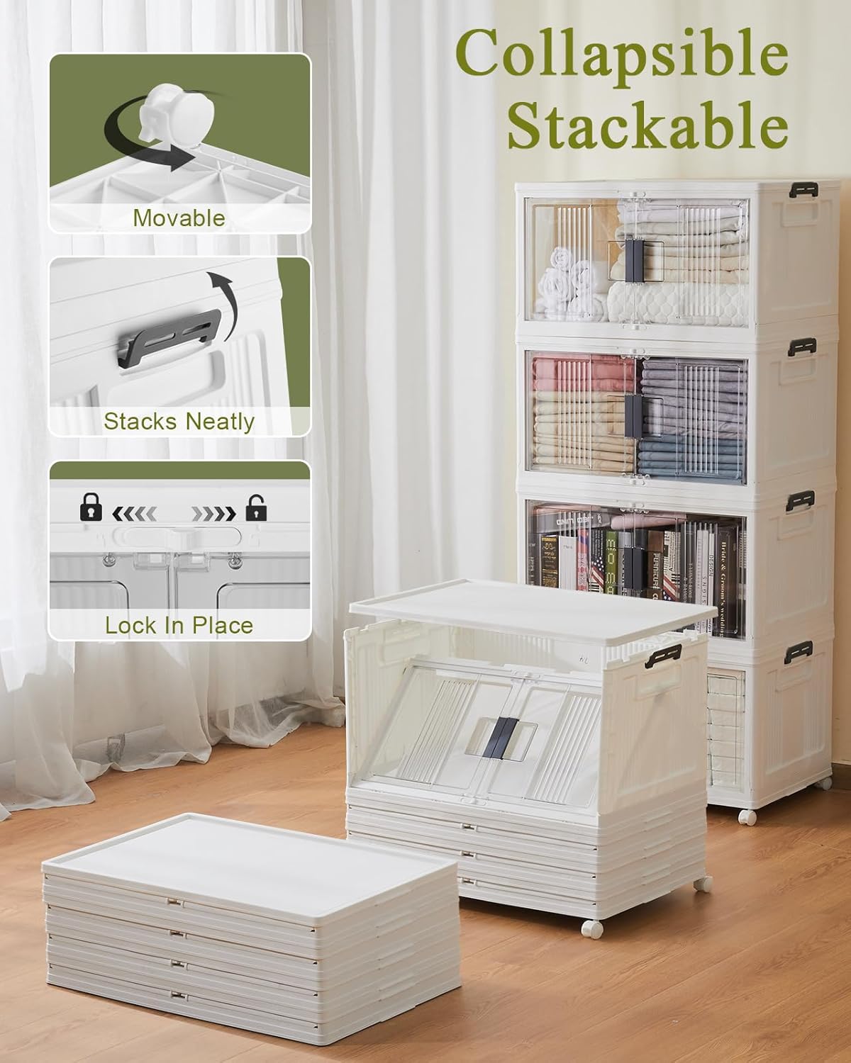OlarHike 76QT Lockable Storage Bins with Lids - Folding Storage box with Doors and Wheels, Collapsible Plastic Storage Bins for Closets, Stackable Storage Organizer, Storage Containers, 4 Pack Cubes