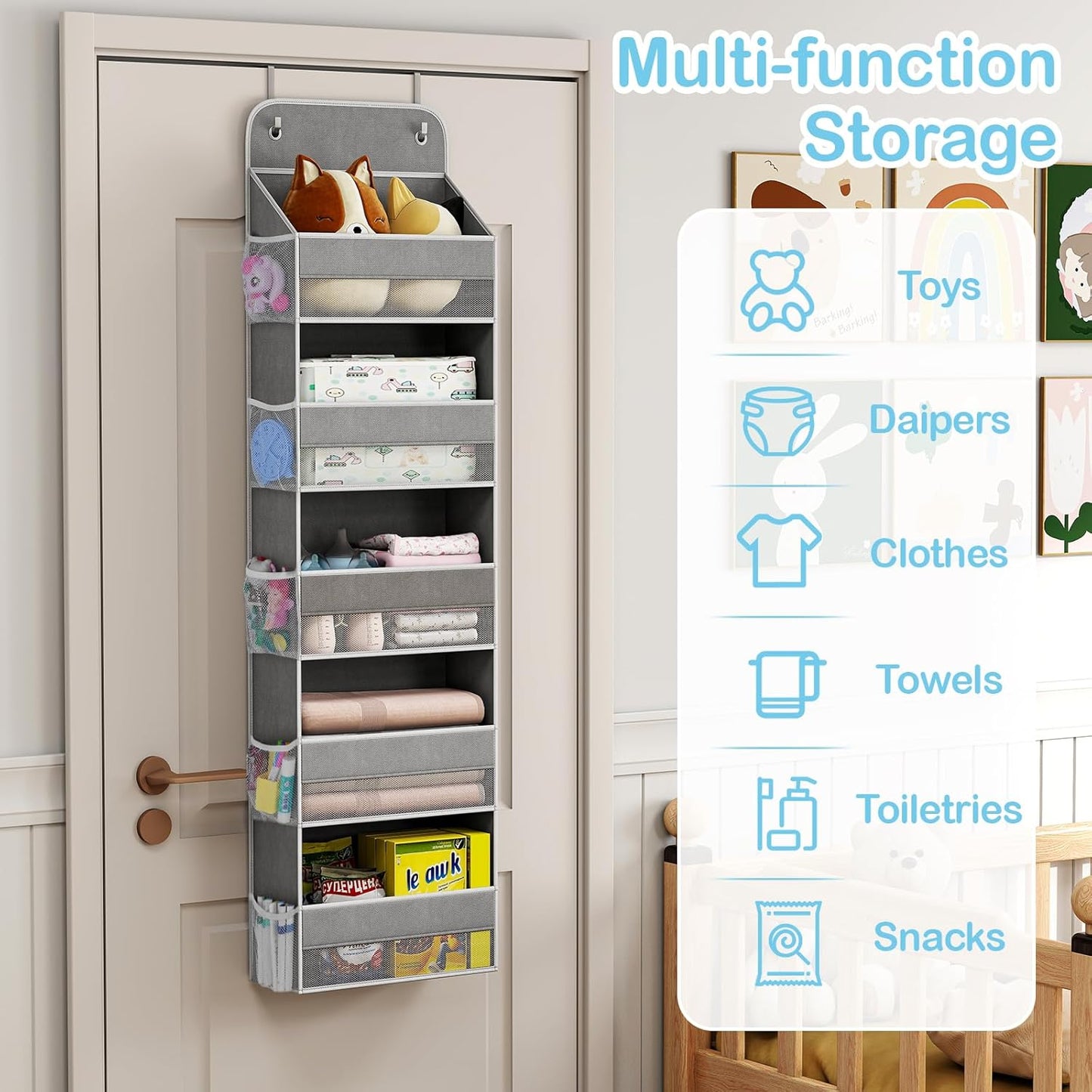 LAMU 5 Tier Over the Door Organizer Hanging, 5 Large Pockets and 10 Side Pockets Behind Door Storage for Baby Toys, 44lbs Back of Door Organizers Shelf for Closet, Nursery and Bathroom, 1 Pack (Grey)