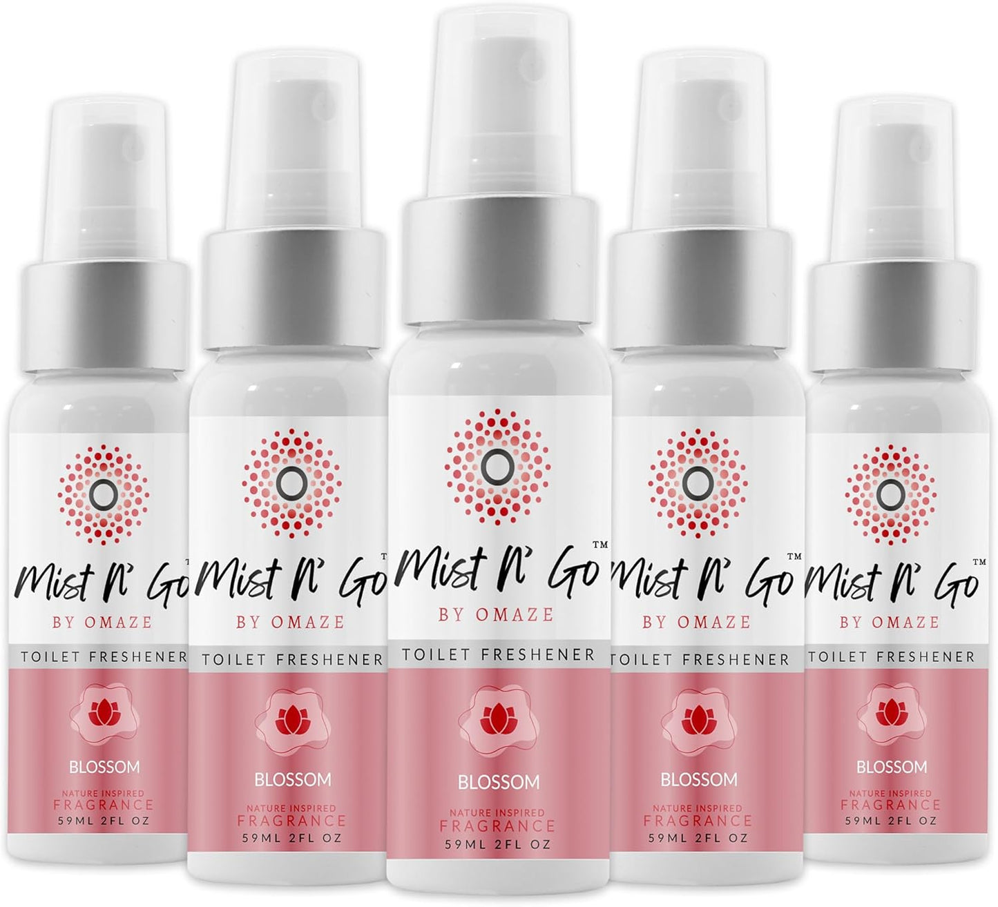 Mist N’ Go by Omaze Travel Bathroom Spray for Toilet Spray Odor Eliminator - Travel Toilet Spray for Bathroom Air Freshener Spray for Bathroom Deodorizer - Blossom Regular Size (2oz x5)