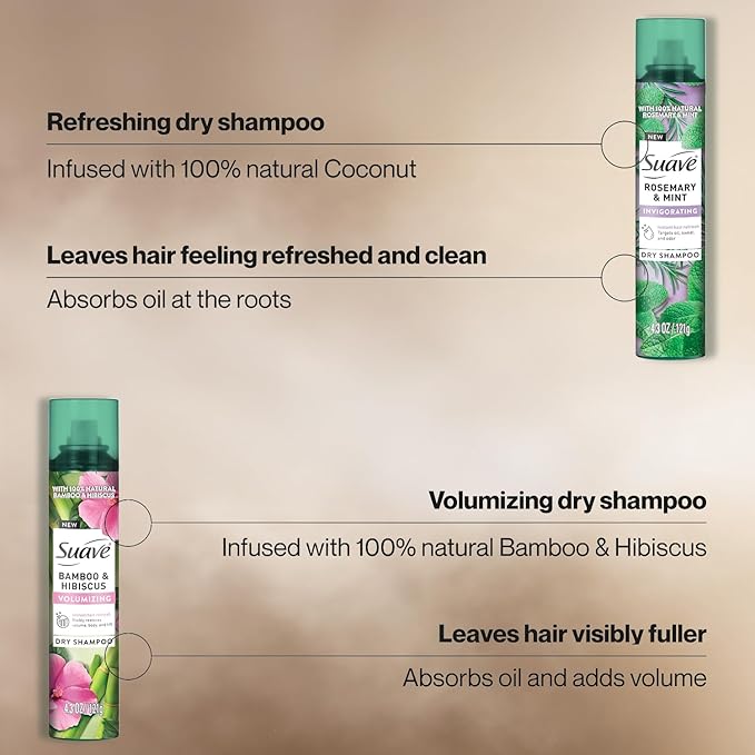 Suave+ Dry Shampoo Spray Variety 2-Pack – Volumizing Bamboo & Hibiscus, Refreshing Sweet Coconut, 4.3 Oz Ea