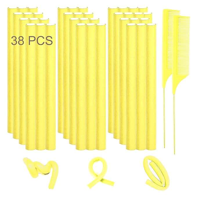 38 PCS Flexible Curling Rods, 9.45" Soft Rollers for Long Hair Curls, Heatless Overnight Bendy Flexi-Rods & 2 Steel Pintail Combs