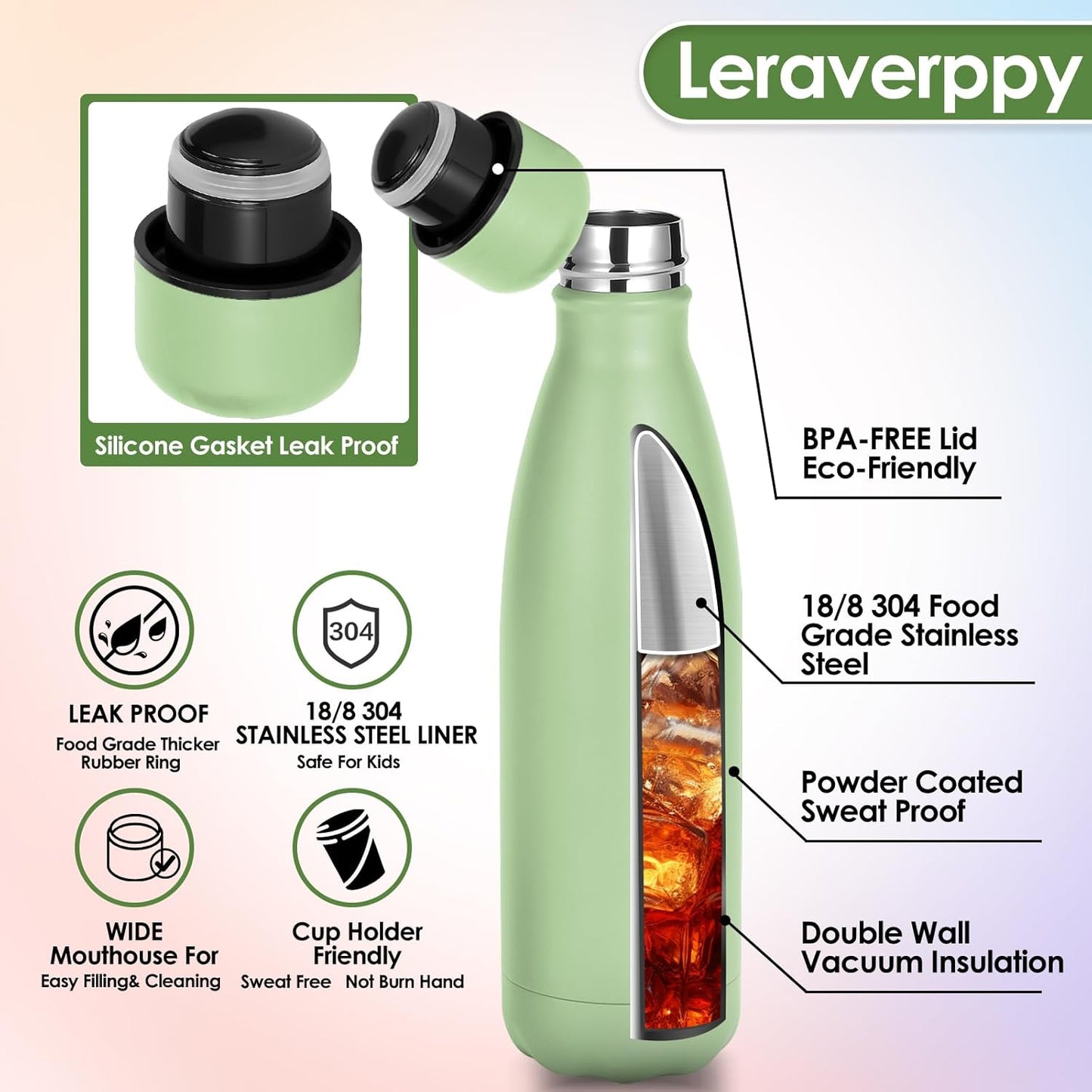 25oz Cola-Bottle Shaped Stainless Steel Leak-proof Water Bottle,Double Wall Vacuum Insulated Metal,Travel Mug For Sports Indoors & Outdoors,BPA-Free School Kids Flasks,Green(1 Pack)