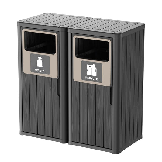 Outdoor Double Barrel Trash Can,Waterproof Resin Garbage Can with Garbage Labels,Durable Waste Bin for Porch, Backyard,Kitchen,for 30 to 39 Gallon Trash Bags