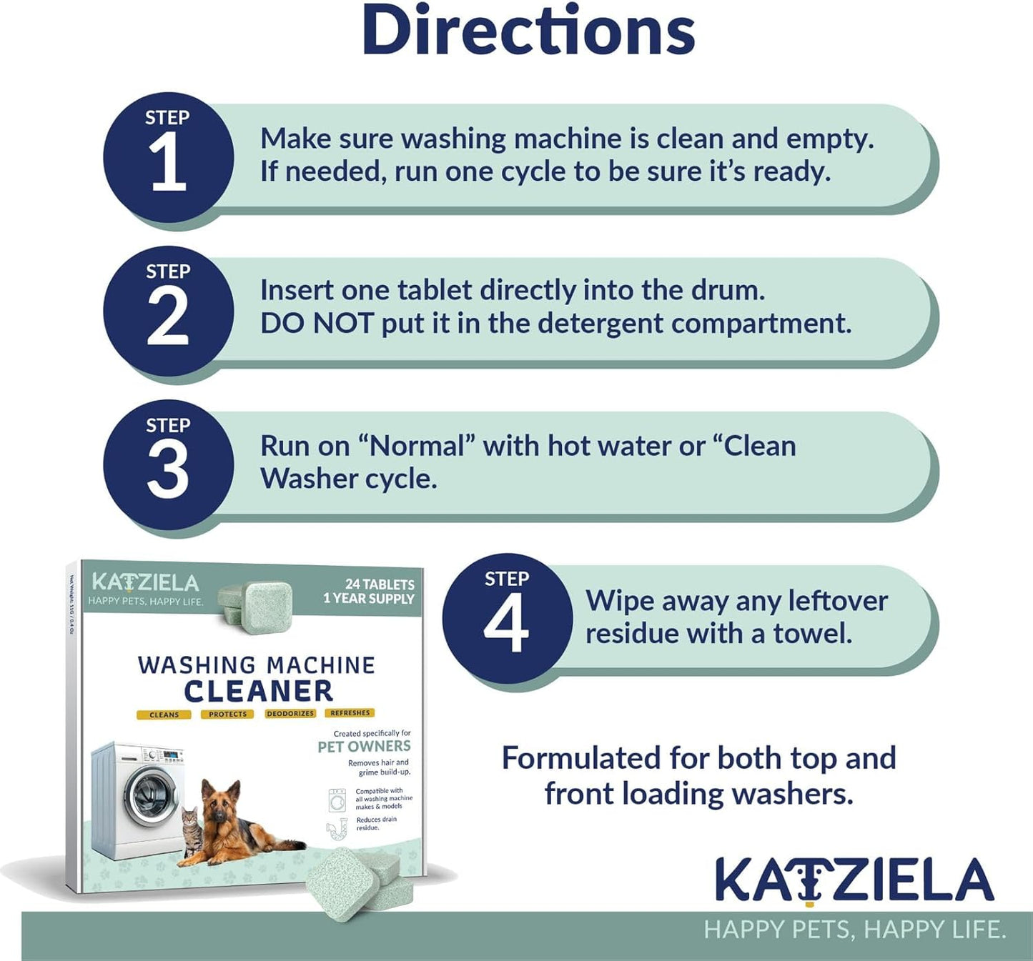 Katziela Washing Machine Cleaner Tablets – 24 Pack (12-Month Supply) – Formulated for Pet Owners – Helps Loosen Pet Hair & Eliminate Odors – Fragrance-Free, Enzyme-Based – Septic Safe & HE Compatible