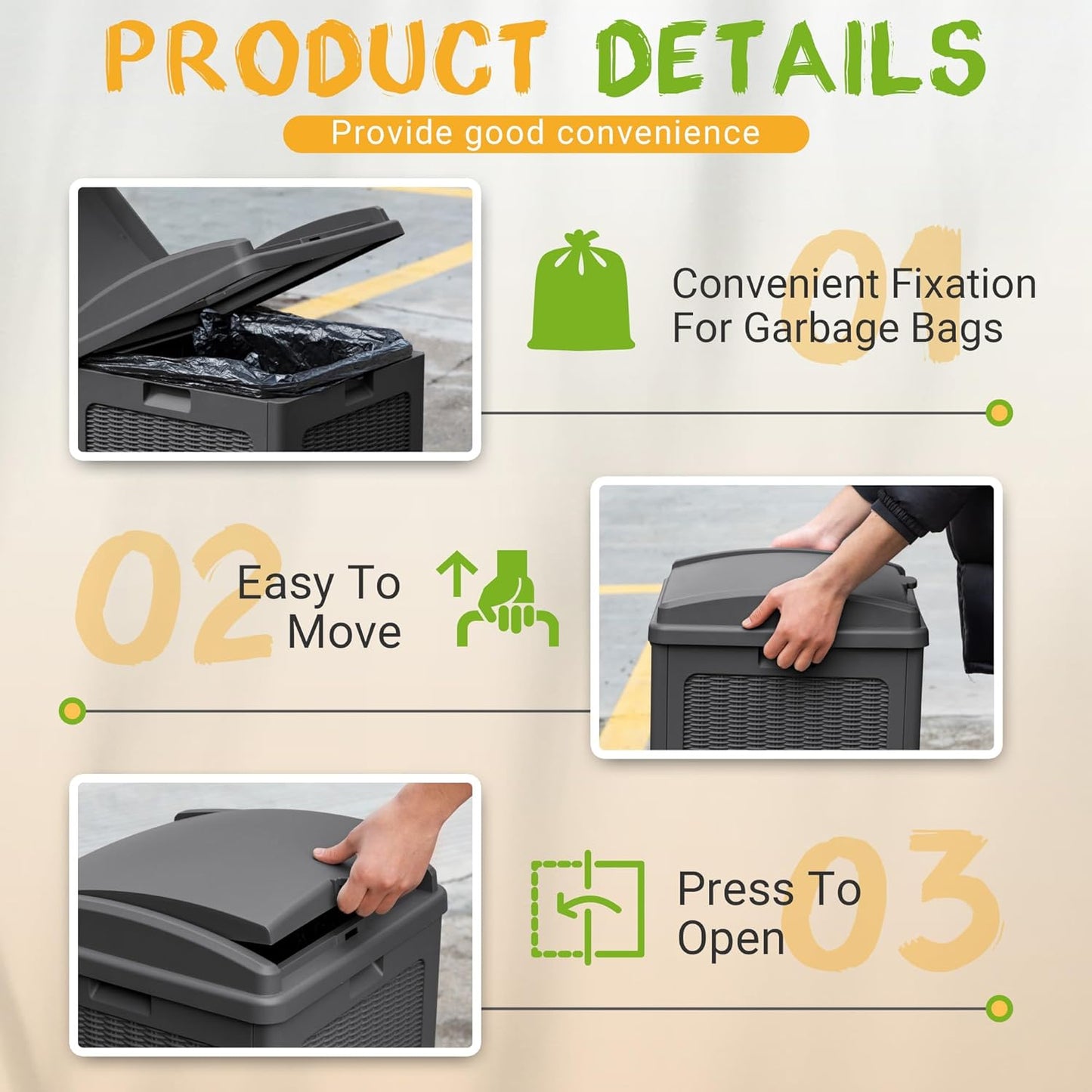 YESHOMY 2 Pack Outdoor Trash Can with Lid, Garbage Bins for Garden, Porch, Home and Kitchen, Gray