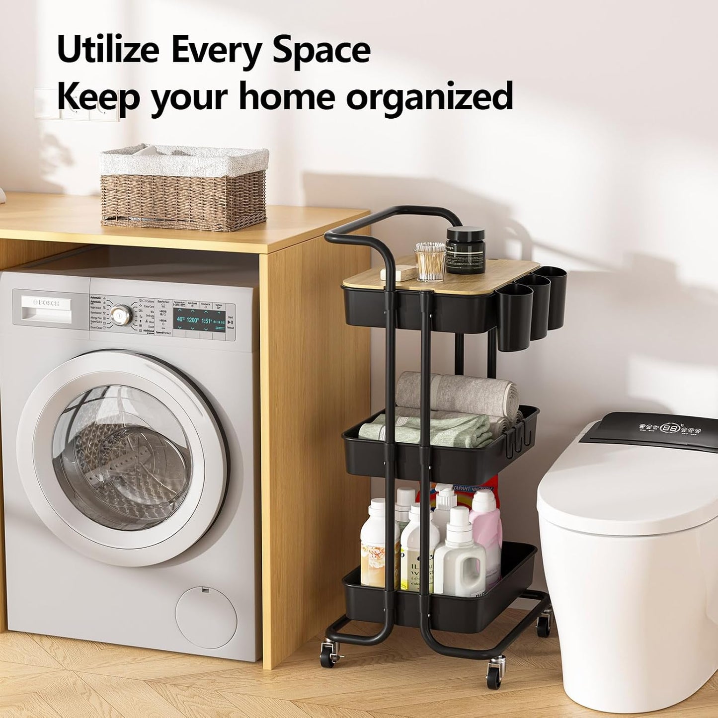 3 Tier Rolling Cart with Metal Handle, Table Top, Hanging Cups, Hooks, Plastic Storage Baskets& Wheels Lockable, Utility Cart for Bathroom Classroom Office Kitchen Pantry Organizers and Storage, Black