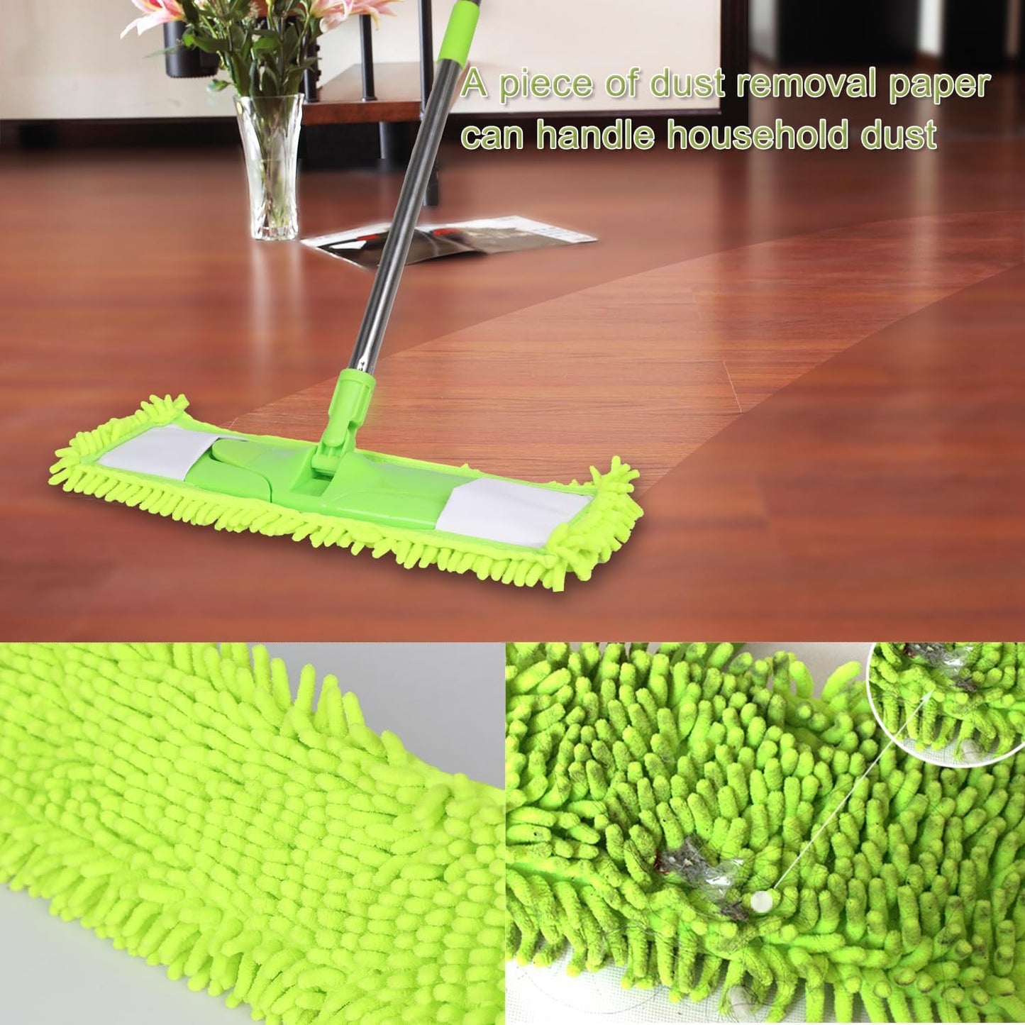 Dust Mop for Floor Cleaning with 2 Washable Chenille Pads and Extendable 58” Long Handle, Dry Wet Flat Mop with Scouring Pad for Hardwood, Laminate, Tile, Marble ，Green