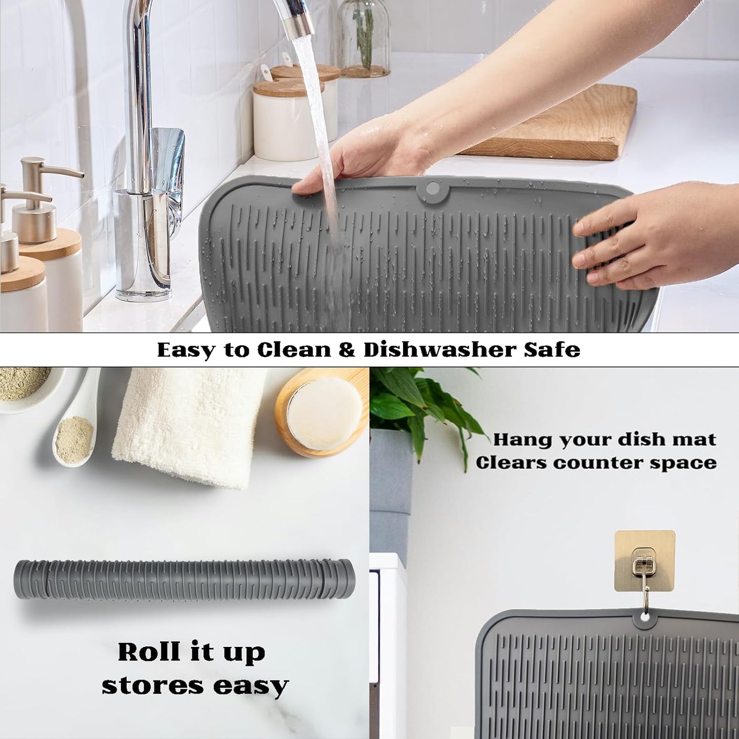ZLR Silicone Dish Drying Mat for Kitchen Counter, Eco-Friendly Fast Dry Dish Mat, Easy Clean Multi Usage Drying Matt, Heat Resistant Trivet, 16" x 18" XL, Dark Gray