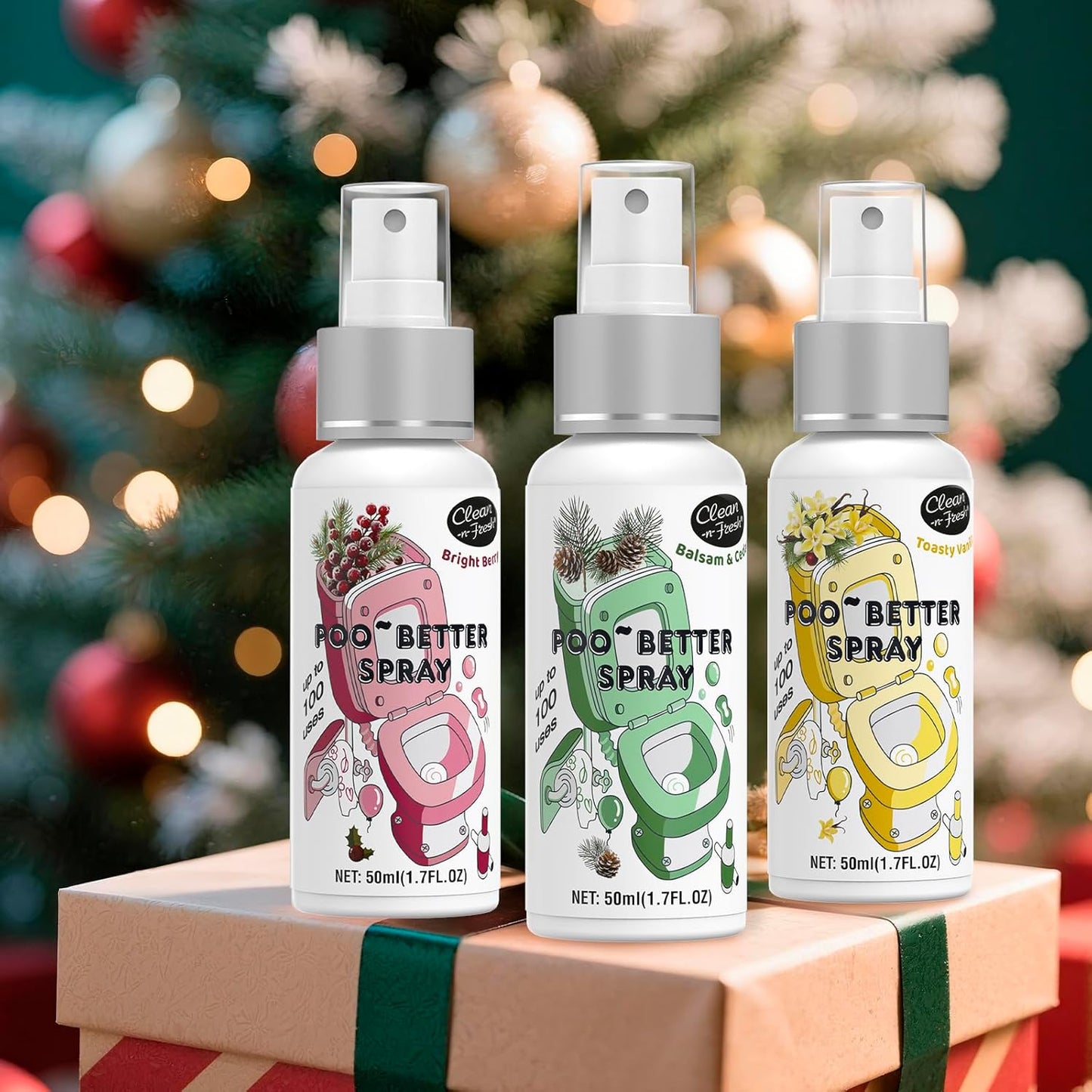 Clean-n-Fresh Holiday Toilet Spray, 3 Pack Gift Set- Balsam & Cedar/Toasty Vanilla/Bright Berry, Bathroom & Toilet Odor Deodorizer, Travel Size Toiletries, Total 5.1 Fl Oz