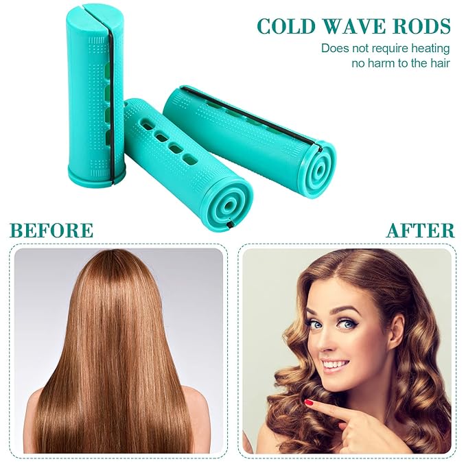 24 Pieces Hair Perm Rods Plastic Cold Wave Perming Curlers Hair Rollers with Steel Pintail Comb Rat Tail Comb Tools for Hairdressing Styling(Green,0.98 Inches)