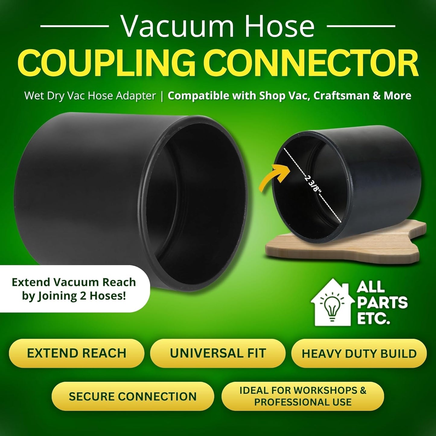 2.5" Vacuum Hose Coupling Connector – Wet Dry Vac Hose Adapter Compatible with Shop Vac, Craftsman & More– Extend Vacuum Reach by Joining 2 Hoses