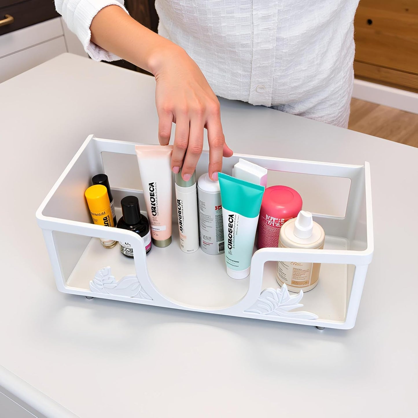 Metal Napkin Holder for Bathroom and Kitchen - White Floral Design Disposable Hand Towel Holder Tray, Guest Towel Organizer for Countertop, Paper Napkin and Towel Dispenser (White)