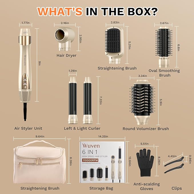 6 in 1 Hot Air Wrap Hair Styler, 110,000 RPM High-Speed Hair Dryer & Auto Wrap Curler, No Heat Damage Blow Dryer Brush for Fast Drying, Curling, Volumizing, Straightening with Travel Bag
