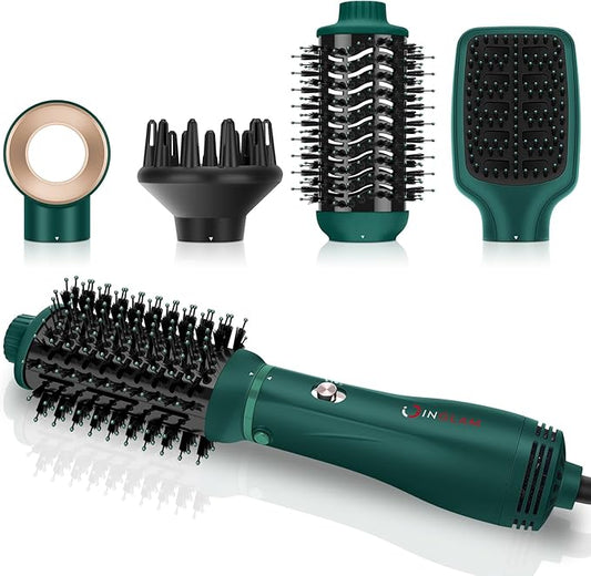 IG INGLAM Hair Dryer Brush, 4-in-1 Detachable Blow Dryer Brush, Ionic Diffuser Hair Dryer & Styler Volumizer with Oval Titanium Barrel, One-Step Hot Air Blowout Styler, Dark Green