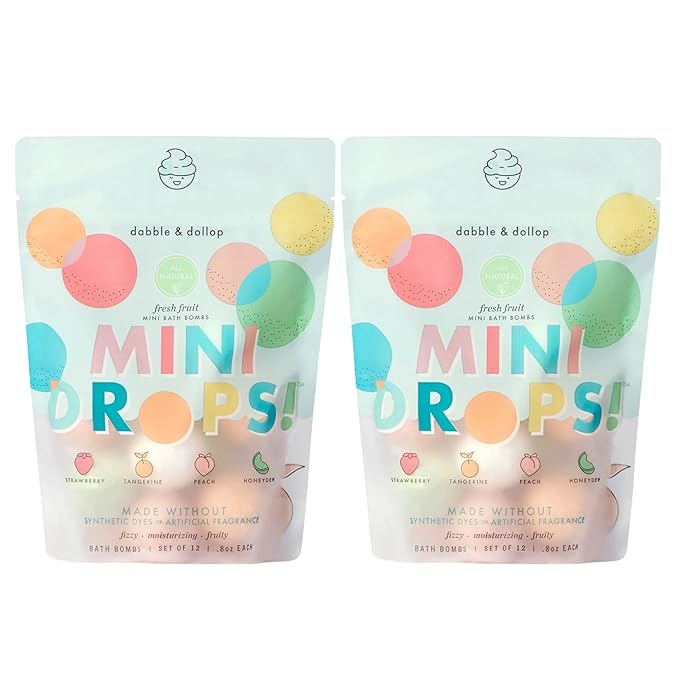 Dabble & Dollop Mini Bath Bombs, 100% Natural Droplets for Kids, Fresh Fruit Scents - Resealable Pouches, USA Made, Fizzy, Moisturizing & Fun, Vegan, Gluten-Free, Cruelty-Free (Set of 24)