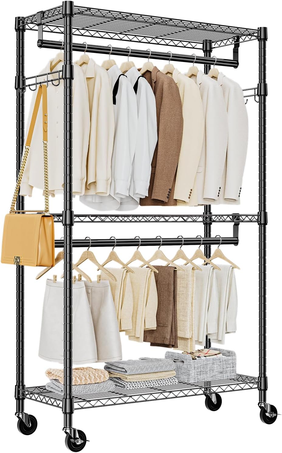 Heavy Duty Rolling Garment Rack 3 Tiers Adjustable Wire Shelving Clothes Rack with 2 Rods and Side Hooks,Storage Closet Clothing Rack with Wheels Black 15.7" D x 29.5" W x 74.5" H