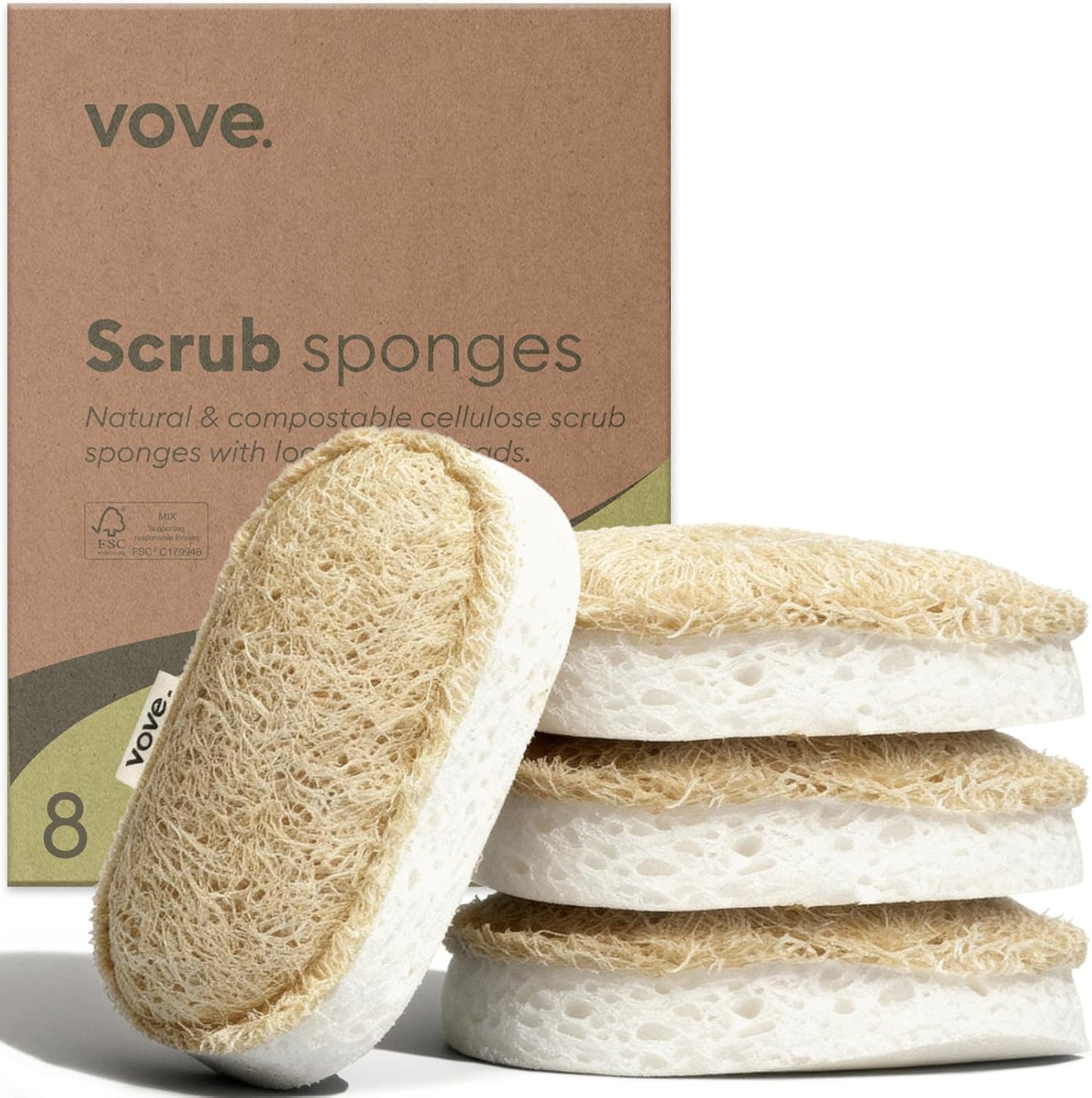 Vove Washing Up Sponges, Pack of 8 - Loofah & Cellulose Sponge with Cotton, Natural Eco-Friendly Kitchen Sponges & Scourers for Household Cleaning, FSC-Certified Packaging