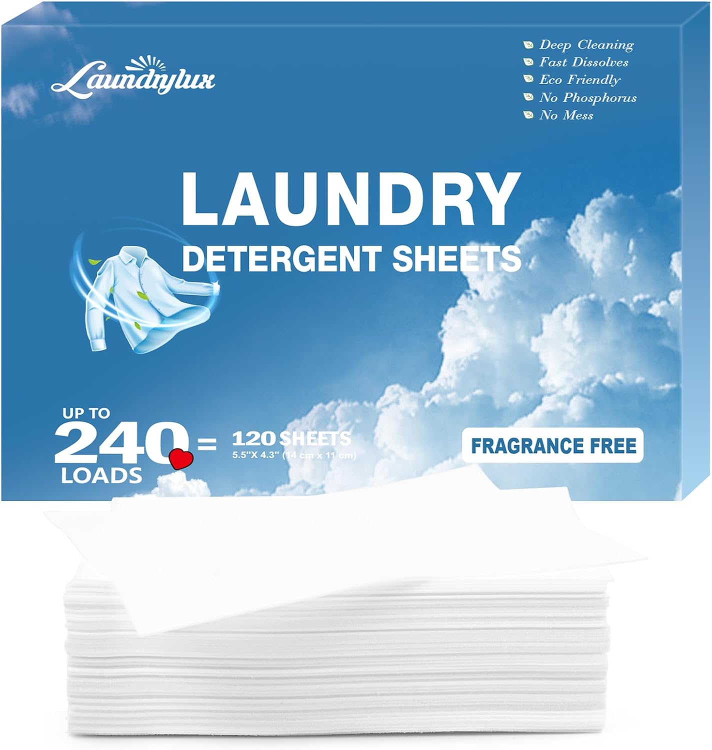 Laundry Detergent Sheet, Eco-Friendly & Hypoallergenic Wash Strips, Natural Ingredients, Ultra-Concentrated, Travel-Ready, No Plastic Jug- Unscented, (240 Loads) 120 Sheets