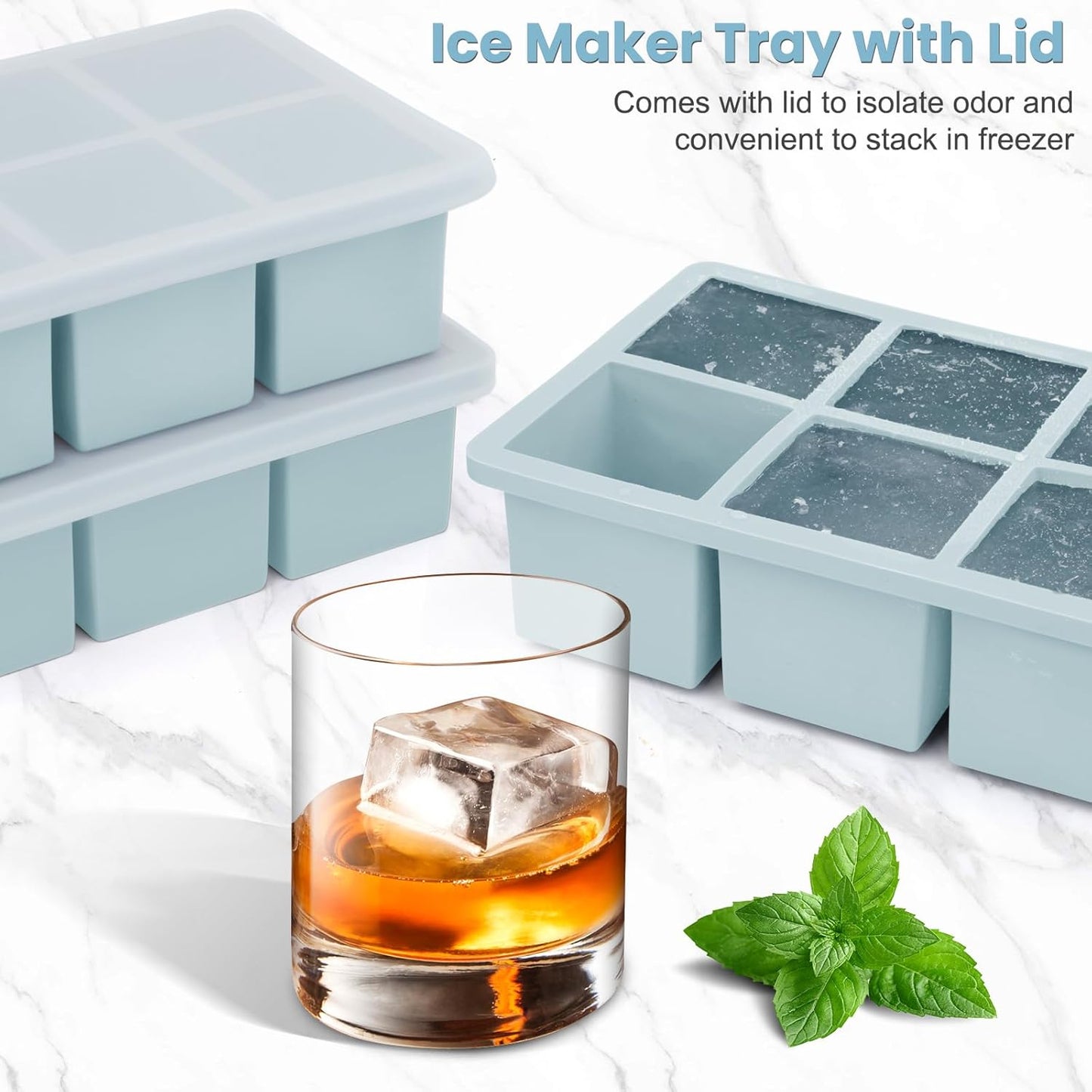 Large Silicone Ice Cube Tray 3Pack, SAWNZC Big Square Ice Cube Molds for Whisky Cocktail, Ice Maker Tray with Lid for Freezer, Easy Release (3, Blue)