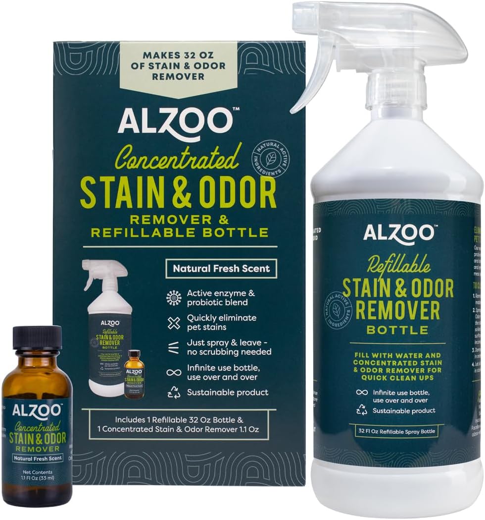 ALZOO Concentrated Stain & Odor Remover Bundle Bottle Set, Includes 32 Fl. Oz Refillable Bottle & 1.1 Oz. Concentrated Stain & Odor Remover, 100% Plant-Based Active Ingredients